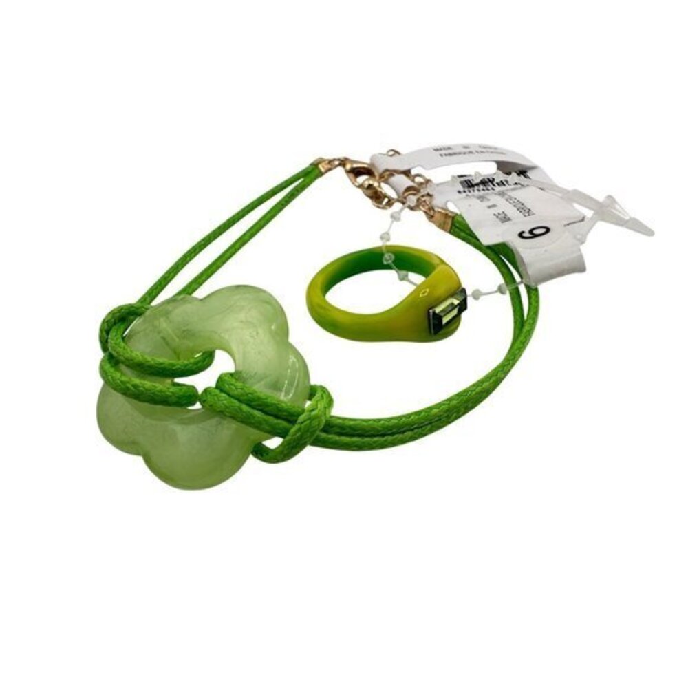 Green Adjustable Bracelet & Resin Ring Set With Crystal Detail